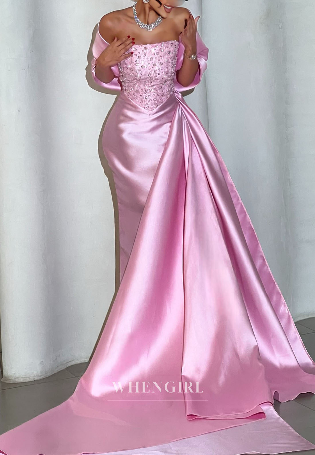 Candy Pink Sheath Beaded Strapless Side Train Satin Evening Dress with Shawl