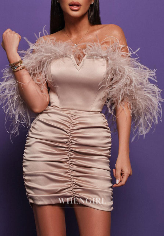 Taupe Off Shoulder Feather Pleated Satin Sheath Homecoming Dress