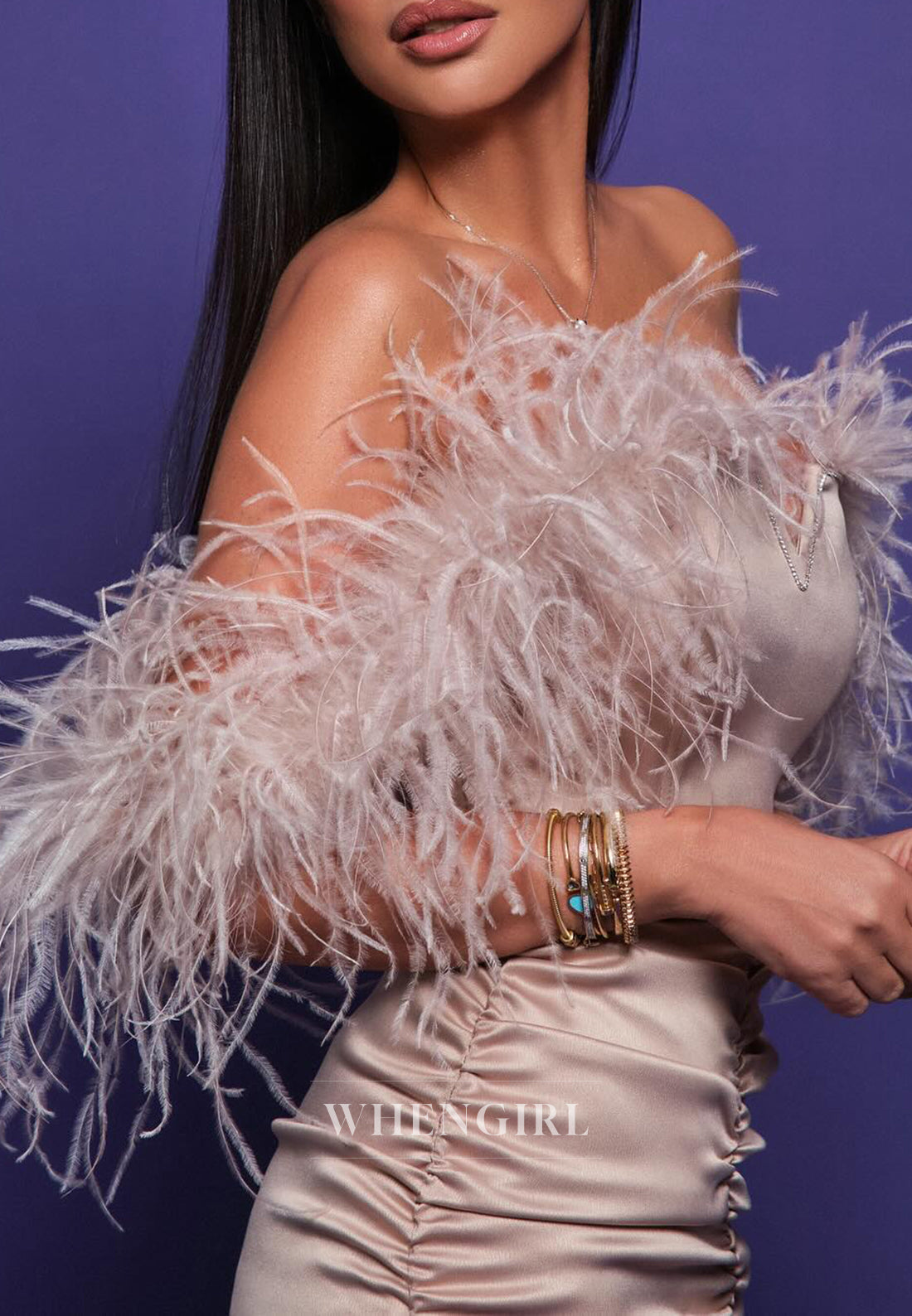 Taupe Off Shoulder Feather Pleated Satin Sheath Homecoming Dress