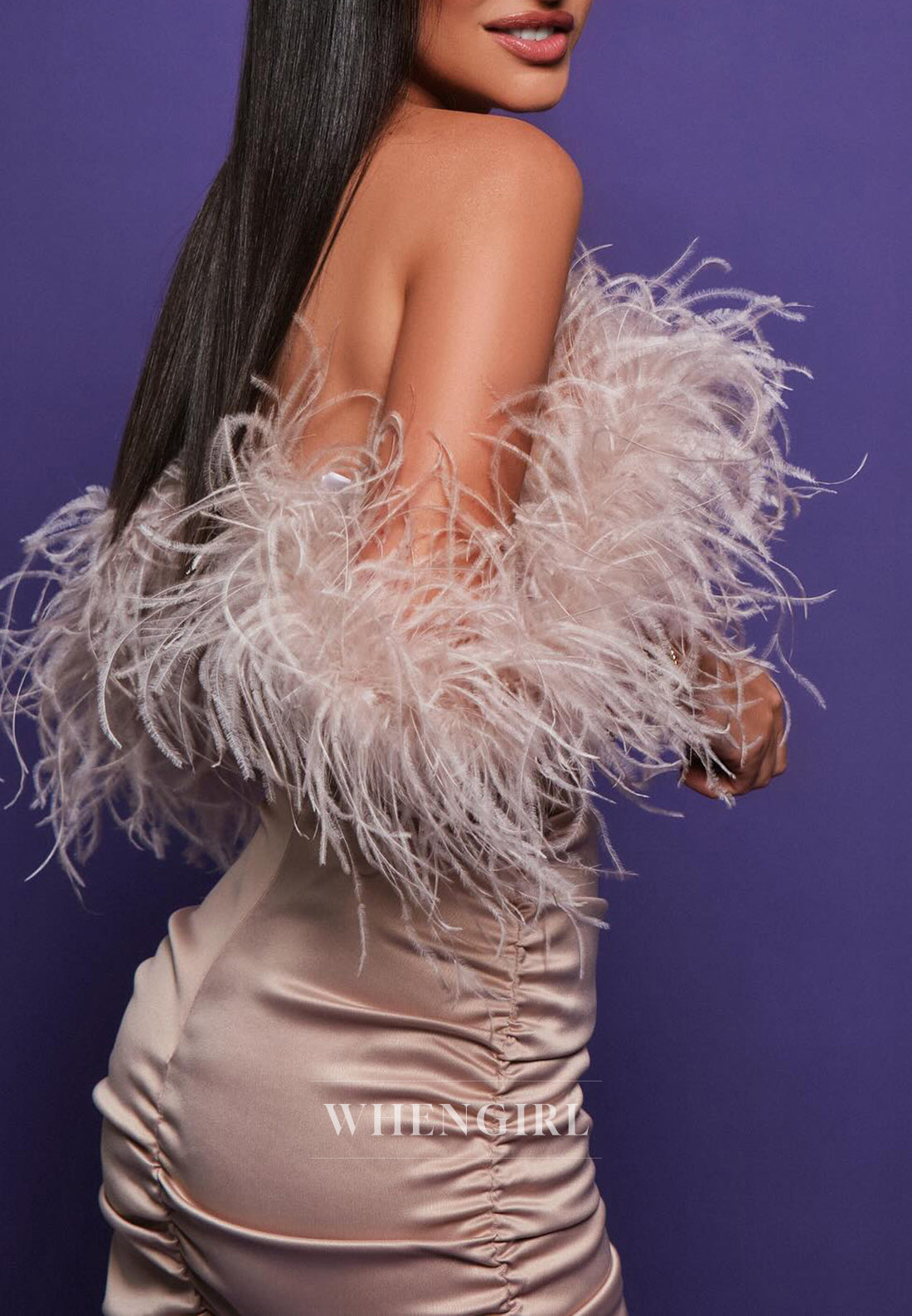 Taupe Off Shoulder Feather Pleated Satin Sheath Homecoming Dress