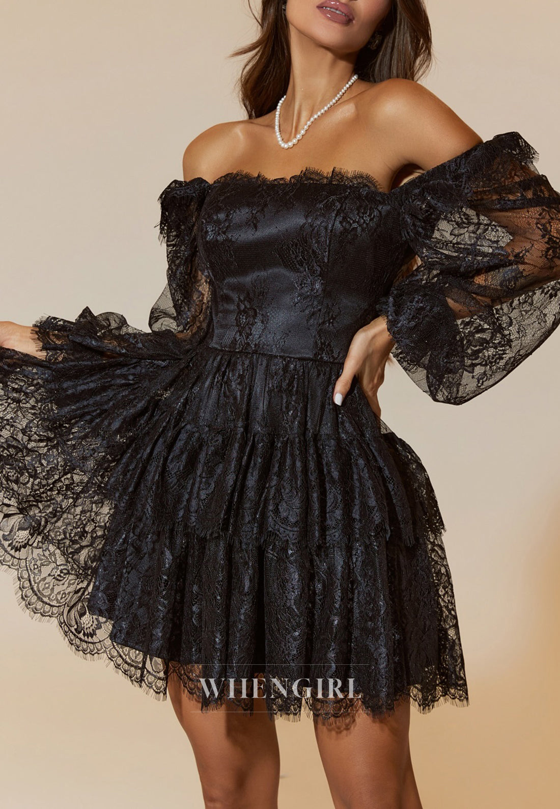 Black Off Shoulder Appliqued Lace A-Line Long Sleeves Homecoming Dress