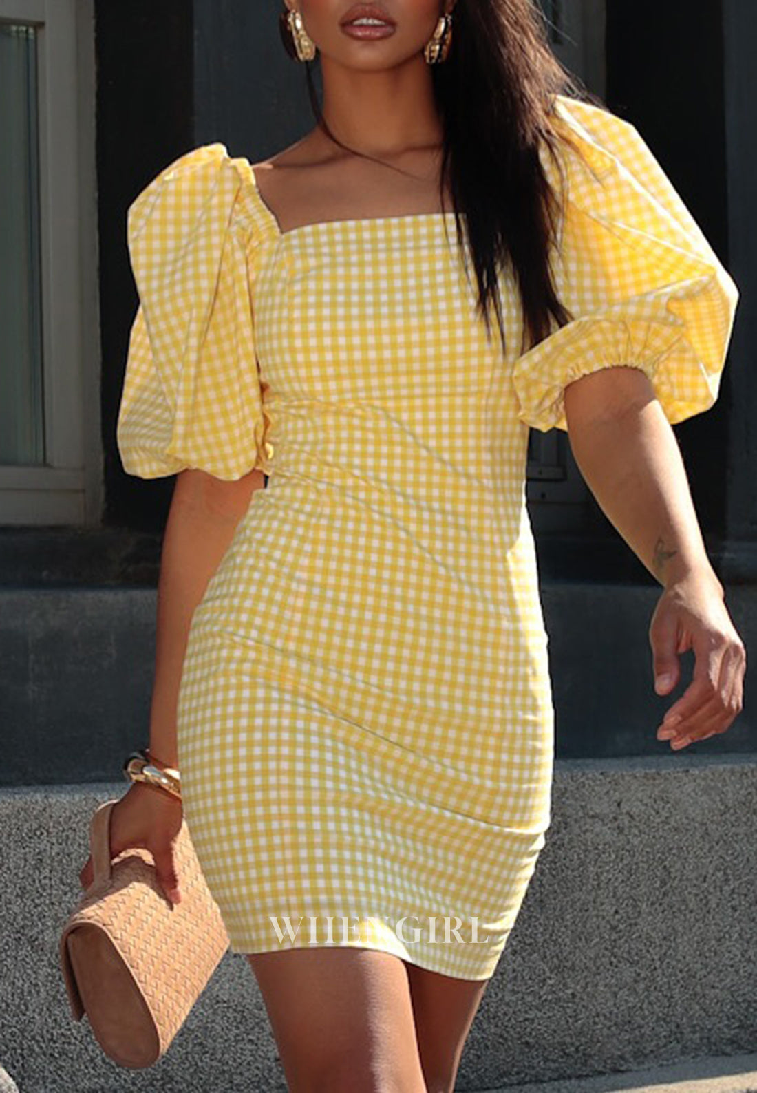 Sheath Square Neck Short Ouff Sleeves Daffodil and White Plaid Homecoming Dress