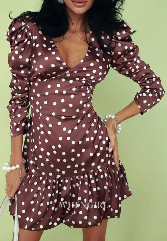 V Neck 3/4 Sleeves Sheath Polka dot Homecoming Dress