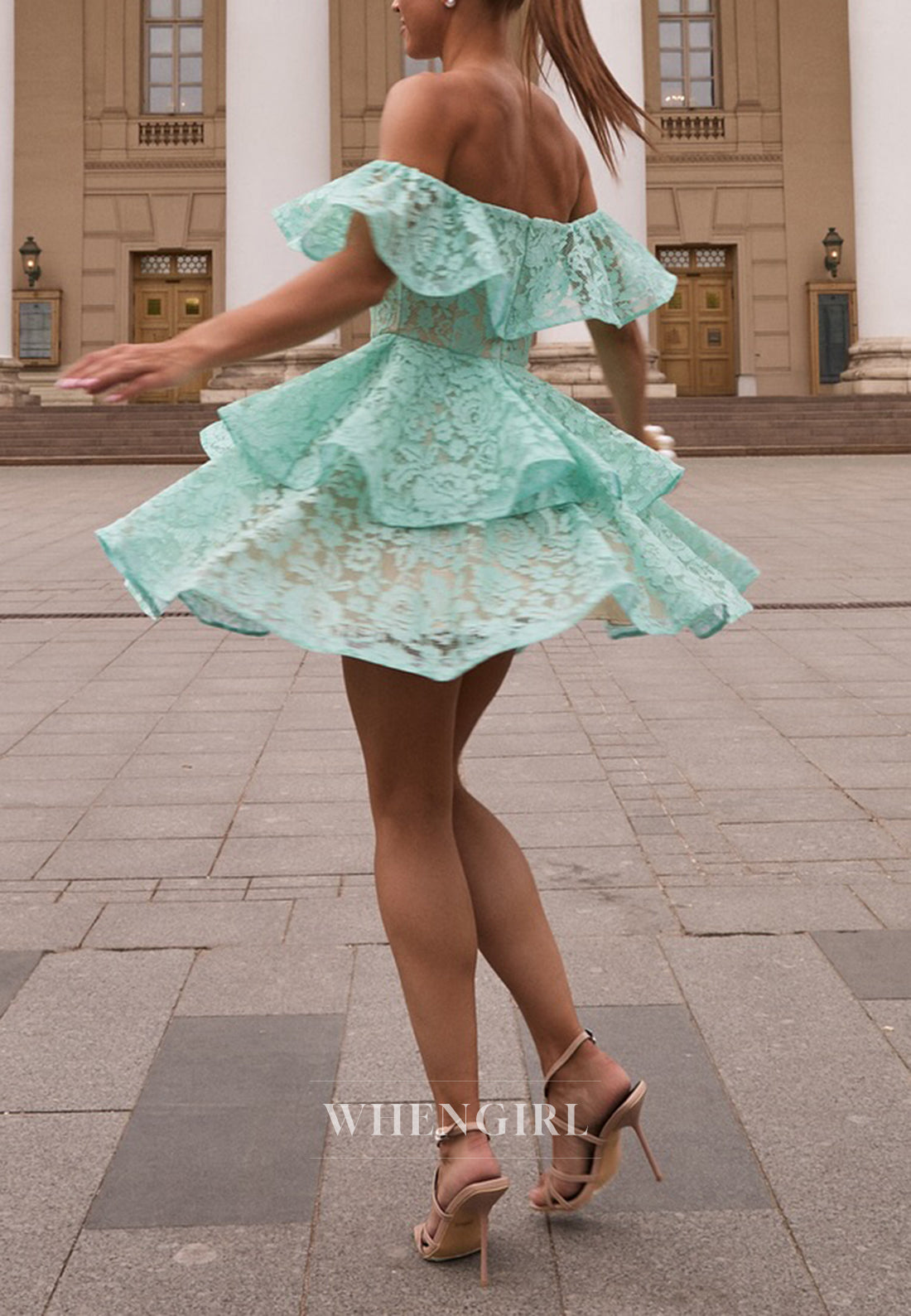 Turquoise Ruffles Appliqued Lace Off Shoulder A-Line Homecoming Dress