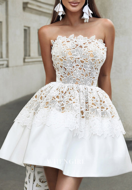 A-Line Sleeveless Floral Lace Strapless Short Homecoming Dress