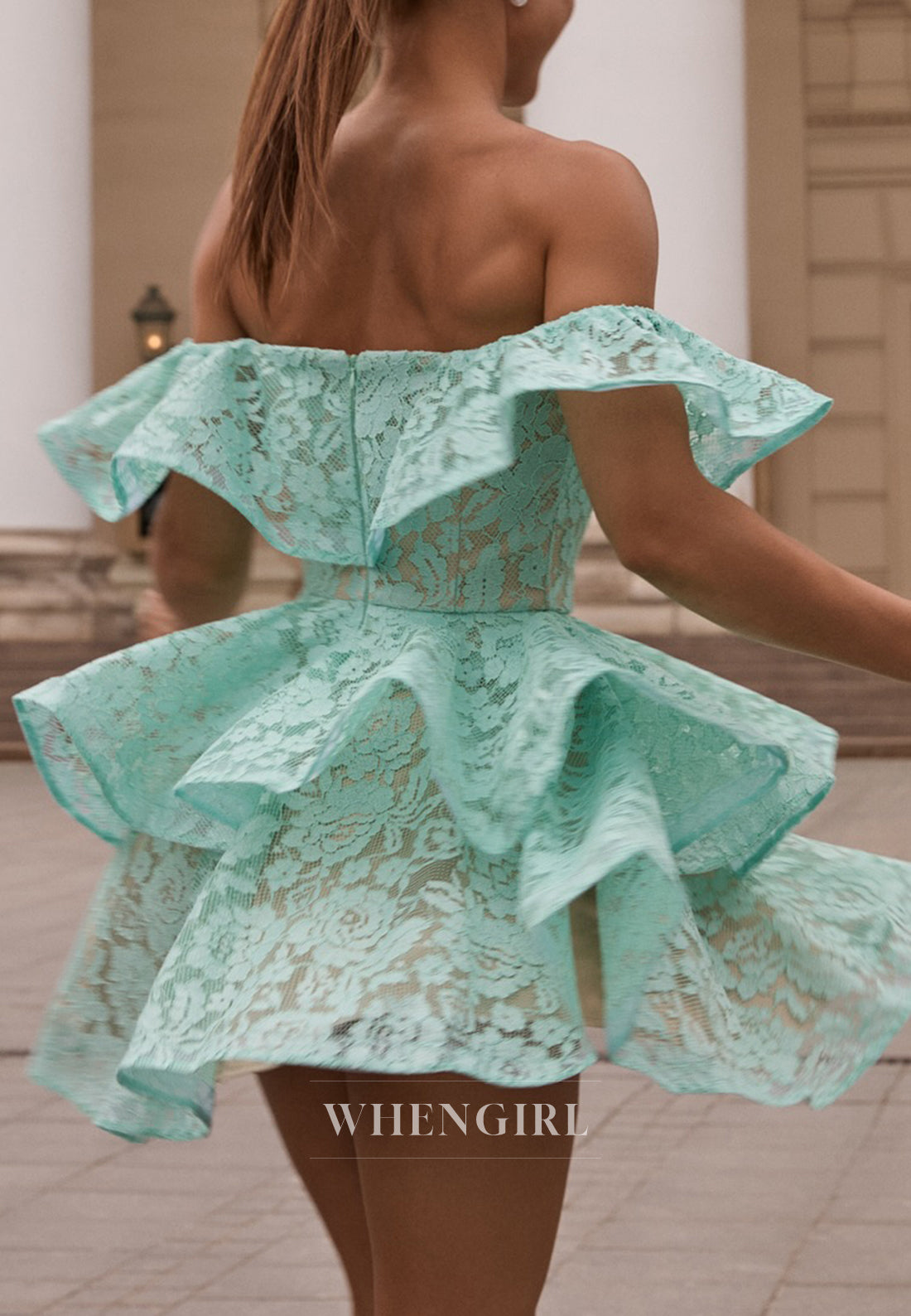Turquoise Ruffles Appliqued Lace Off Shoulder A-Line Homecoming Dress