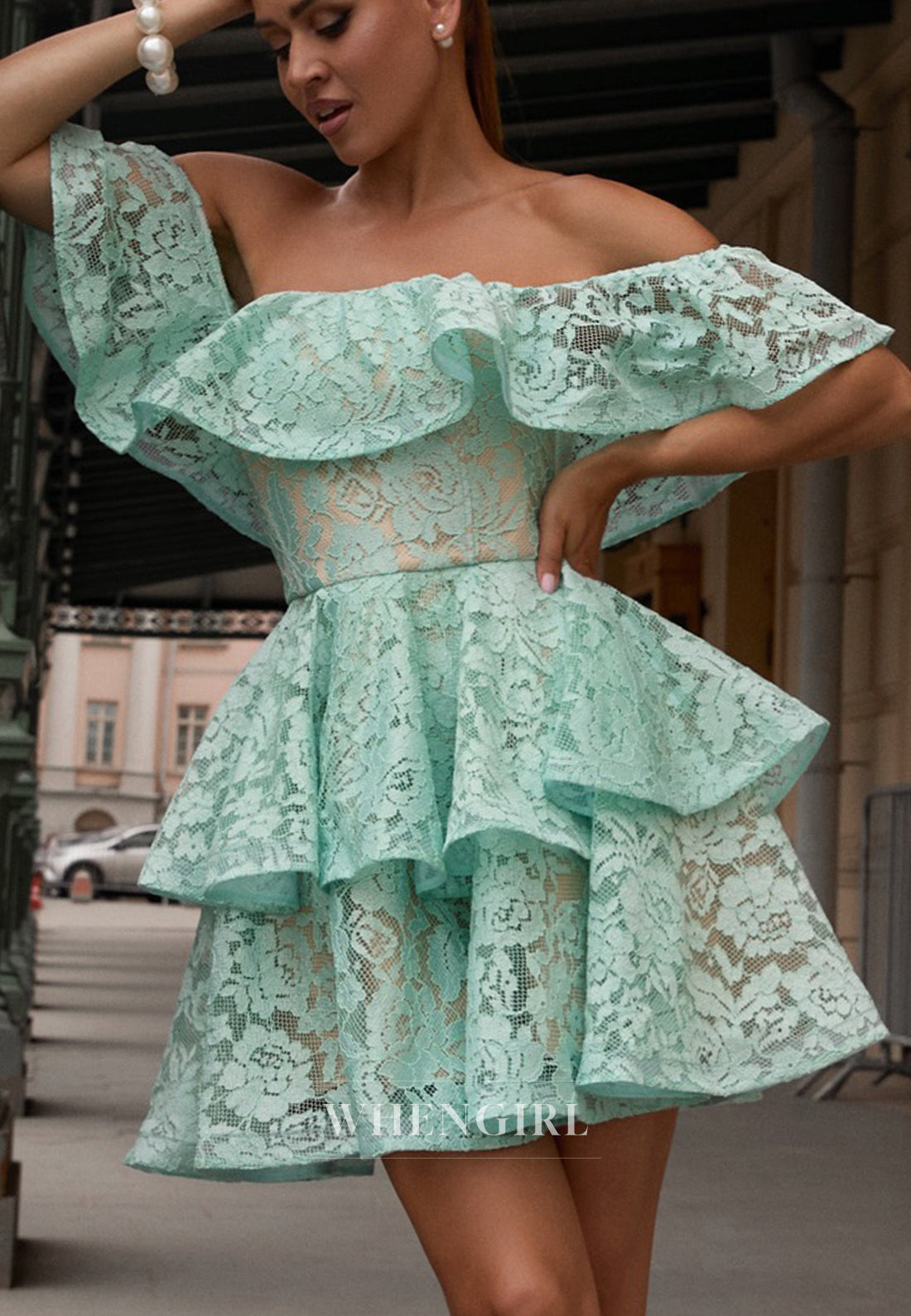 Turquoise Ruffles Appliqued Lace Off Shoulder A-Line Homecoming Dress