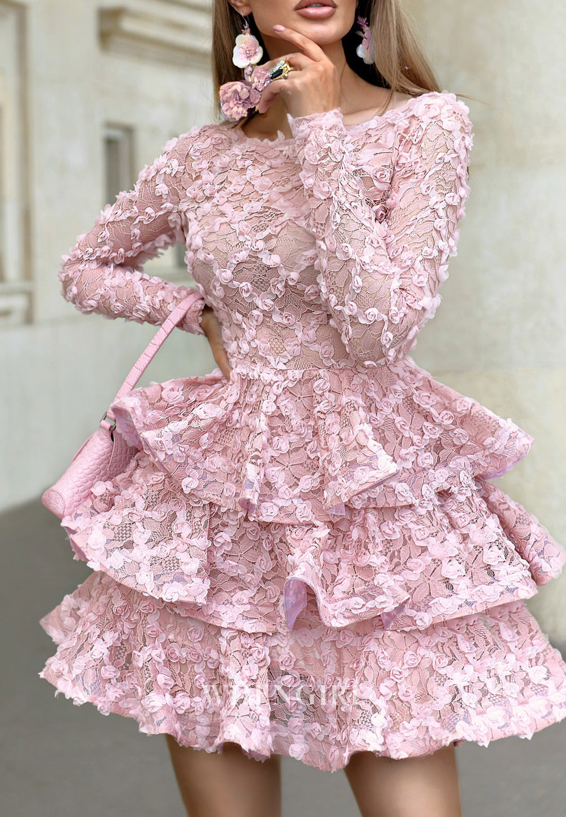 Pale Blush A-Line Long Sleeves Tiered Ruffles Floral Bateau Homecoming Dress