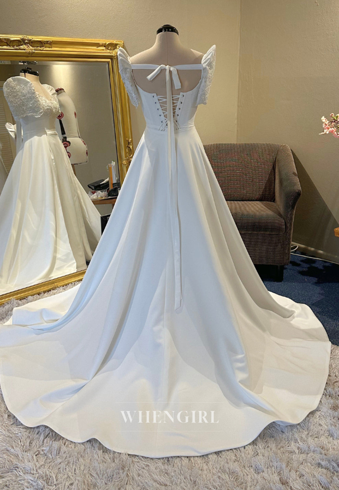 Jumpsuit Short Sleeves Scoop Neck Lace Up Wedding Dress with Court Train
