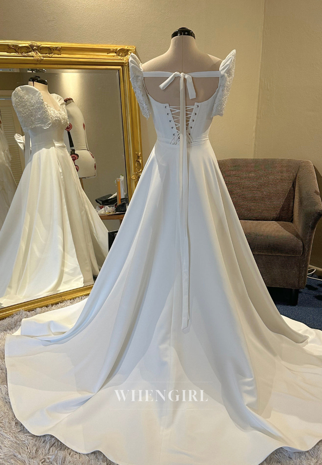 Jumpsuit Short Sleeves Scoop Neck Lace Up Wedding Dress with Court Train