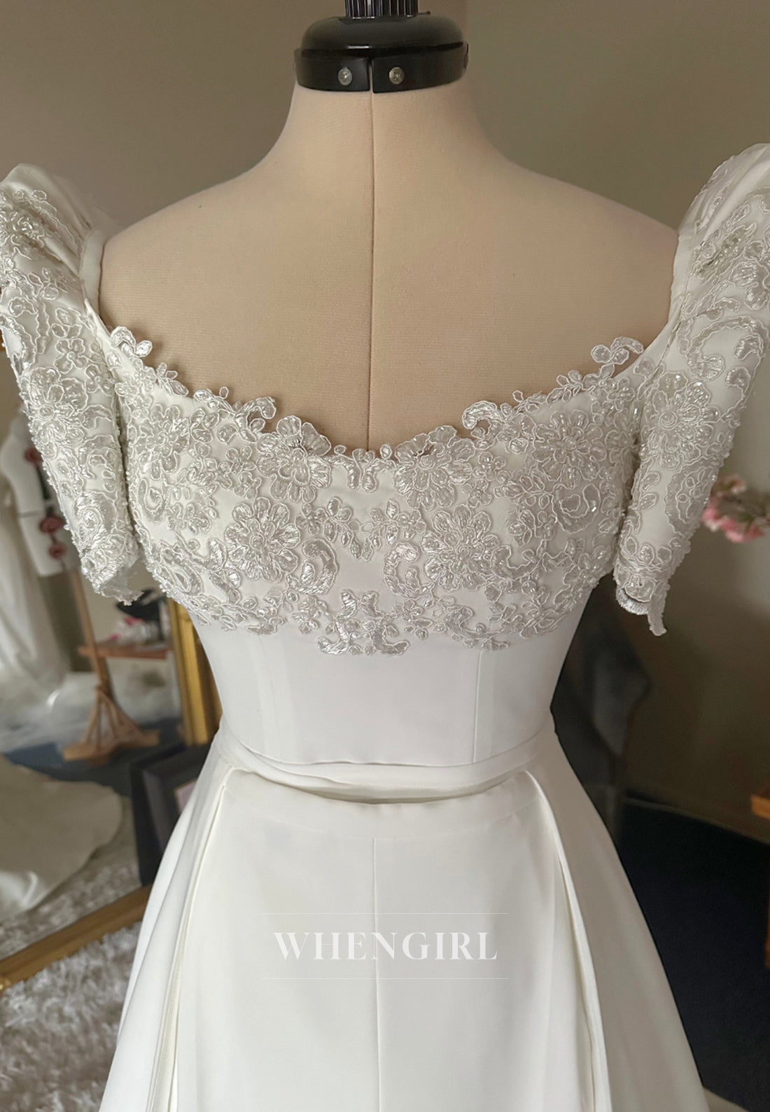 Jumpsuit Short Sleeves Scoop Neck Lace Up Wedding Dress with Court Train