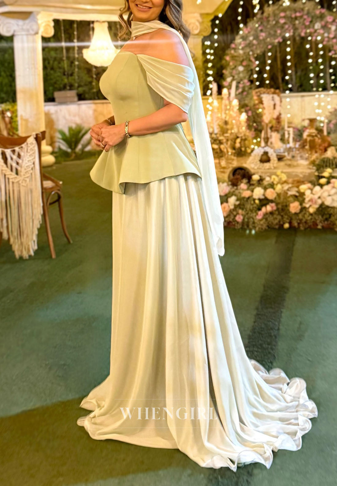 Green Off Shoulder A-Line Evening Dress with Scarf