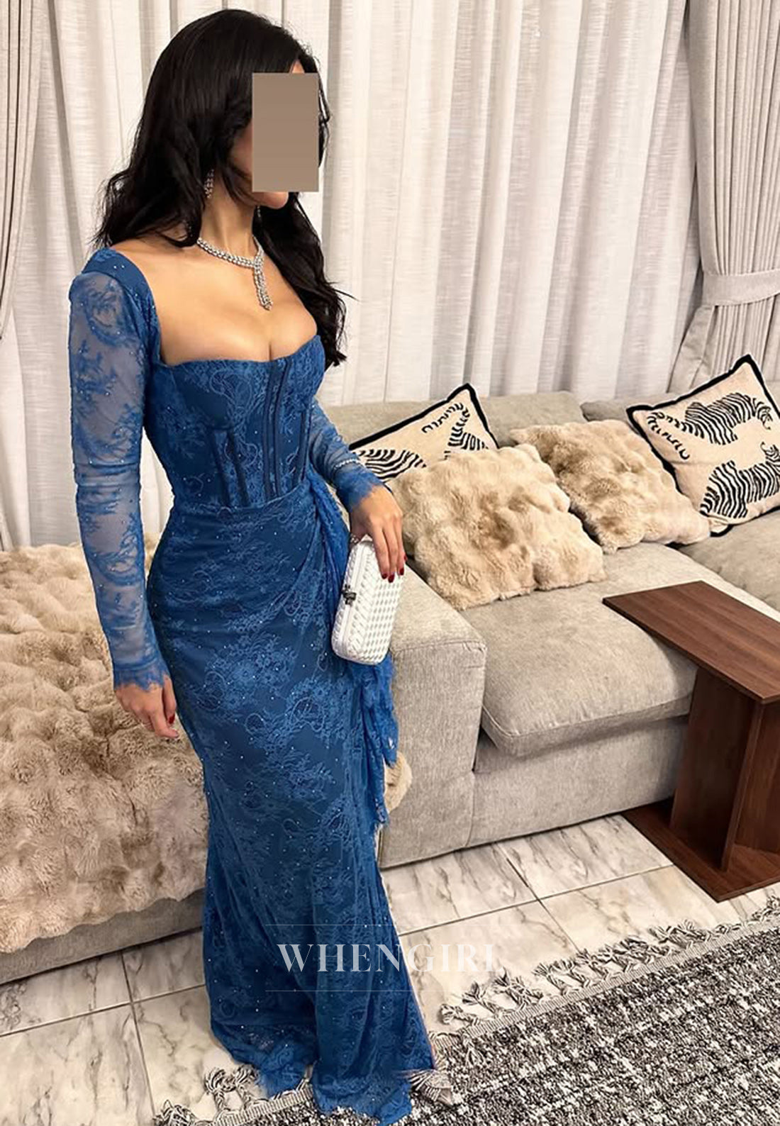 Gorgeous Long Sleeves Sweetheart Sheath Beaded Lace Parety Prom Dress with Appliques