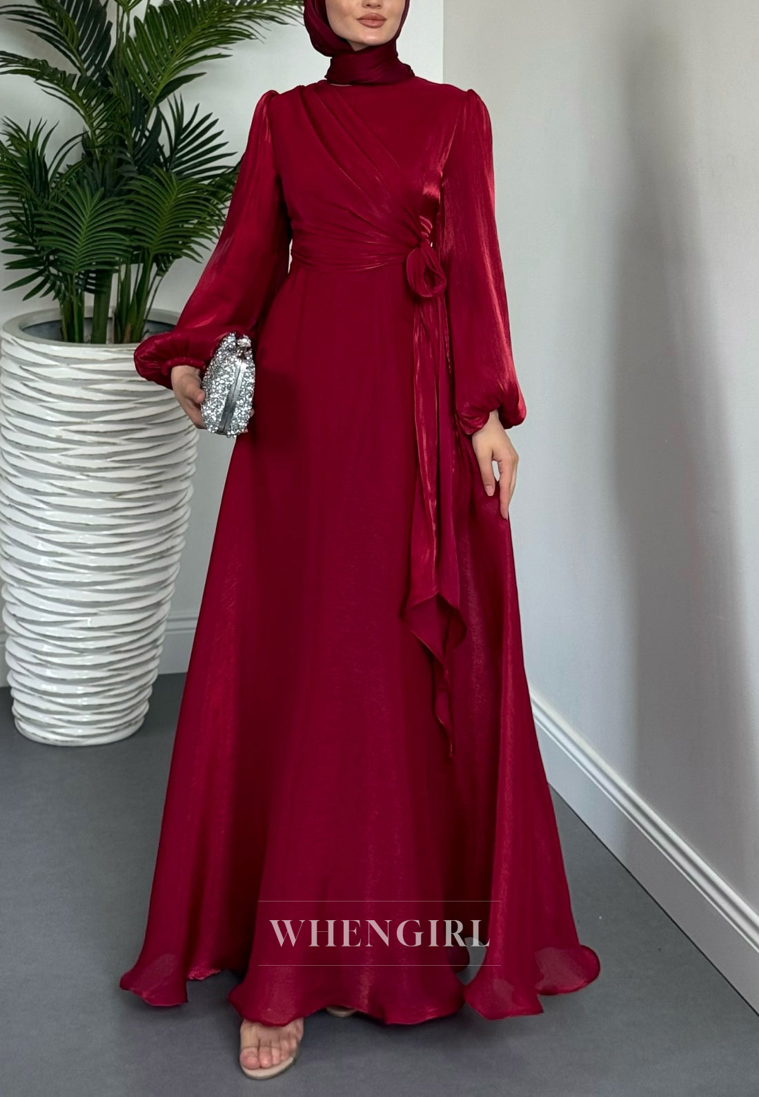 High Neck Long Sleeves A-Line Burgundy Formal Dress Pleated Long Evening Gown