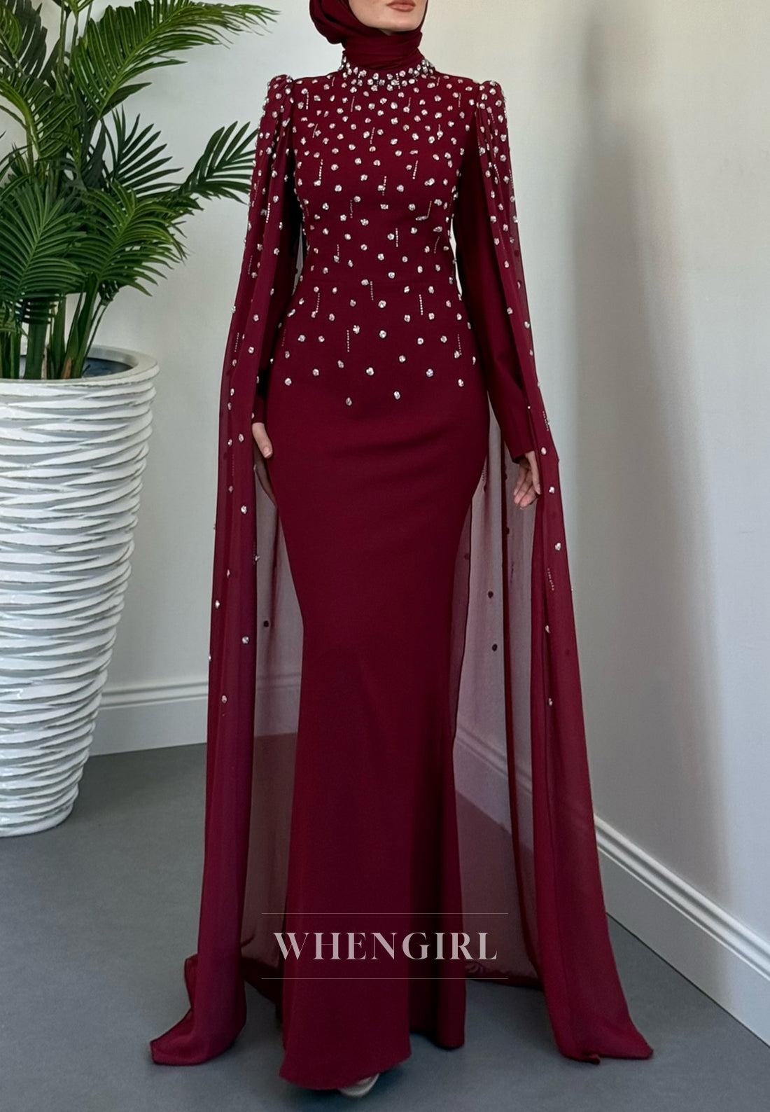 Burgundy High Neck Long Sleeves Beaded Sheath Formal Evening Dress