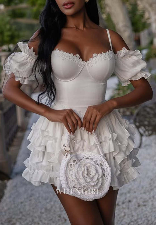 Beige Off Shoulder Short Puff Sleeves Sweetheart Multi Tiered A-Line Short Homecoming Dress