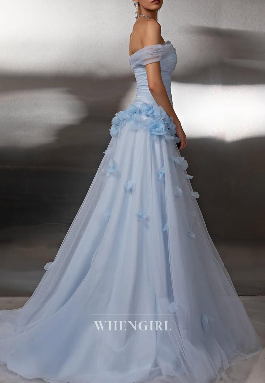 Sky Blue Off Shoulder Pleated Floral Back Zipper Sweep Train Evening Formal Gown