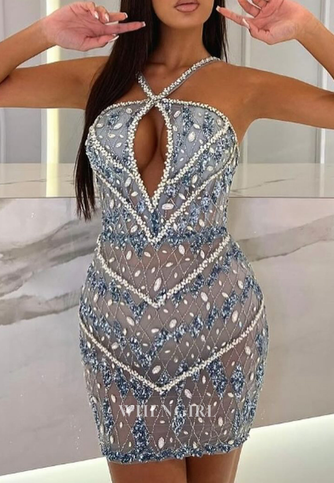 Halter Sleeveless Cut Out Rhineatones Beading Sheath Short Homecoming Dress