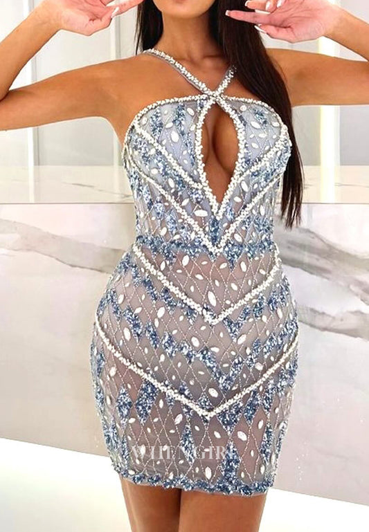 Halter Sleeveless Cut Out Rhineatones Beading Sheath Short Homecoming Dress