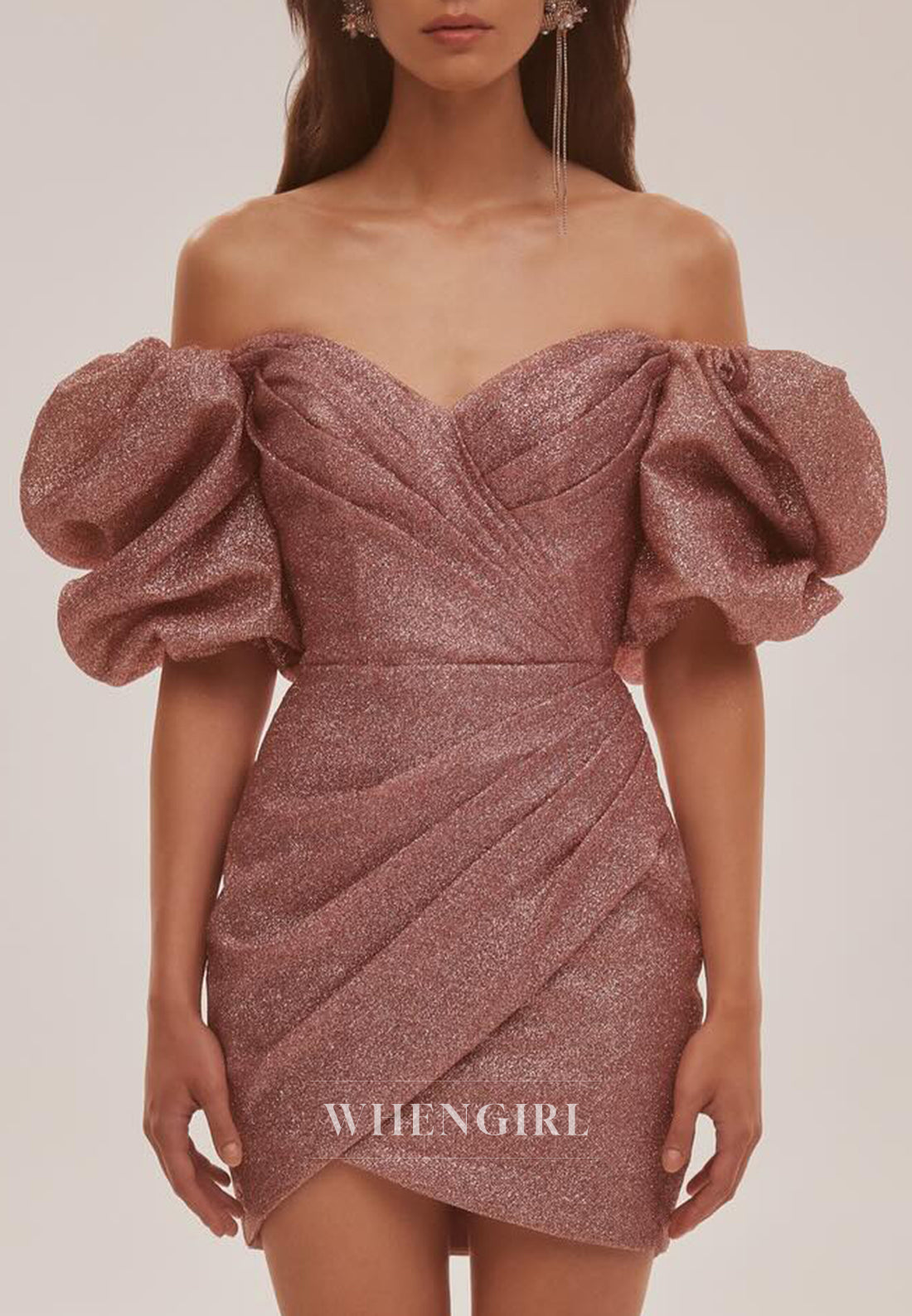 Dusty Rose Short Puff Sleeves Off Shoulder Tie Back Pleated Sheath Homecoming Dress