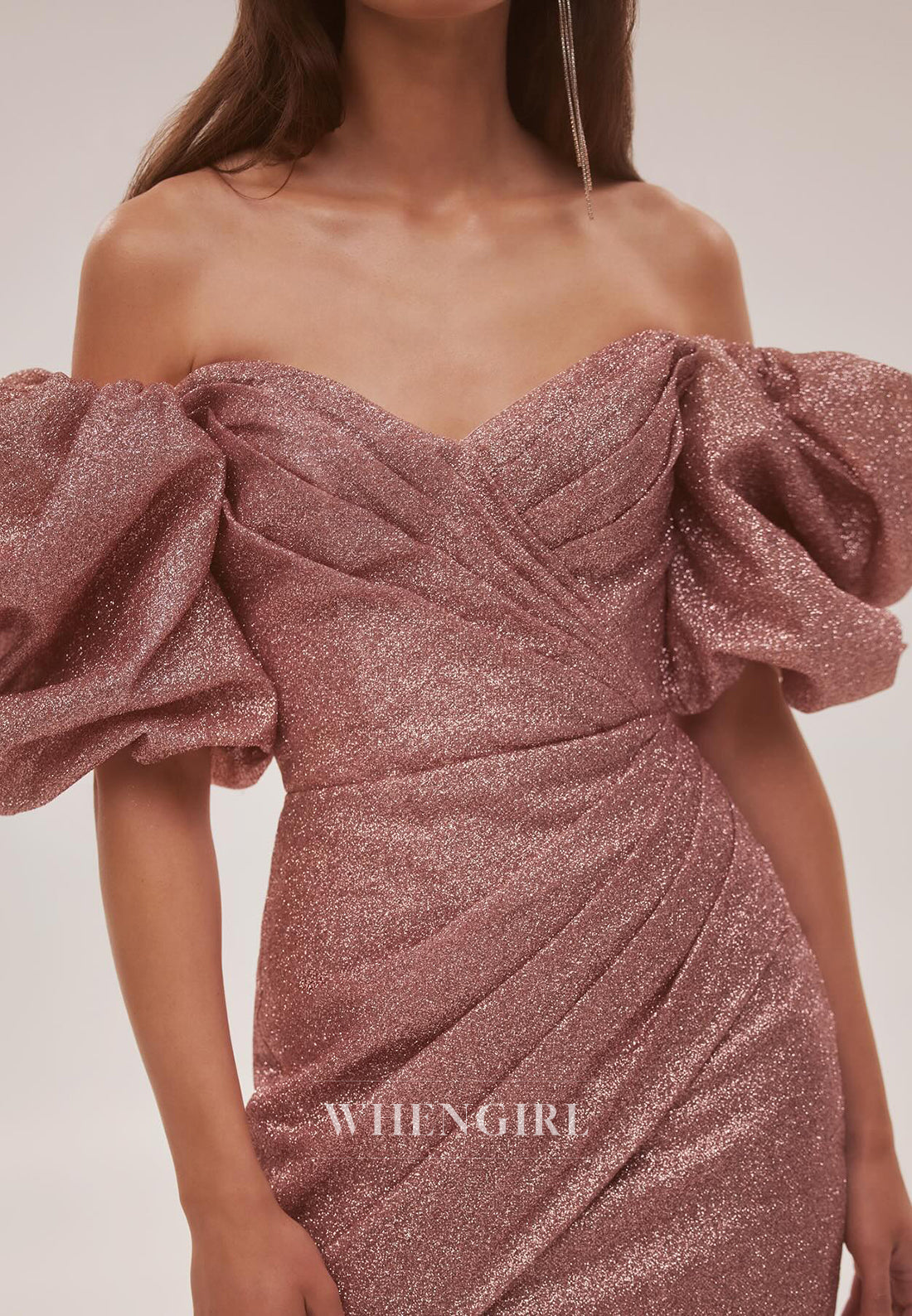 Dusty Rose Short Puff Sleeves Off Shoulder Tie Back Pleated Sheath Homecoming Dress