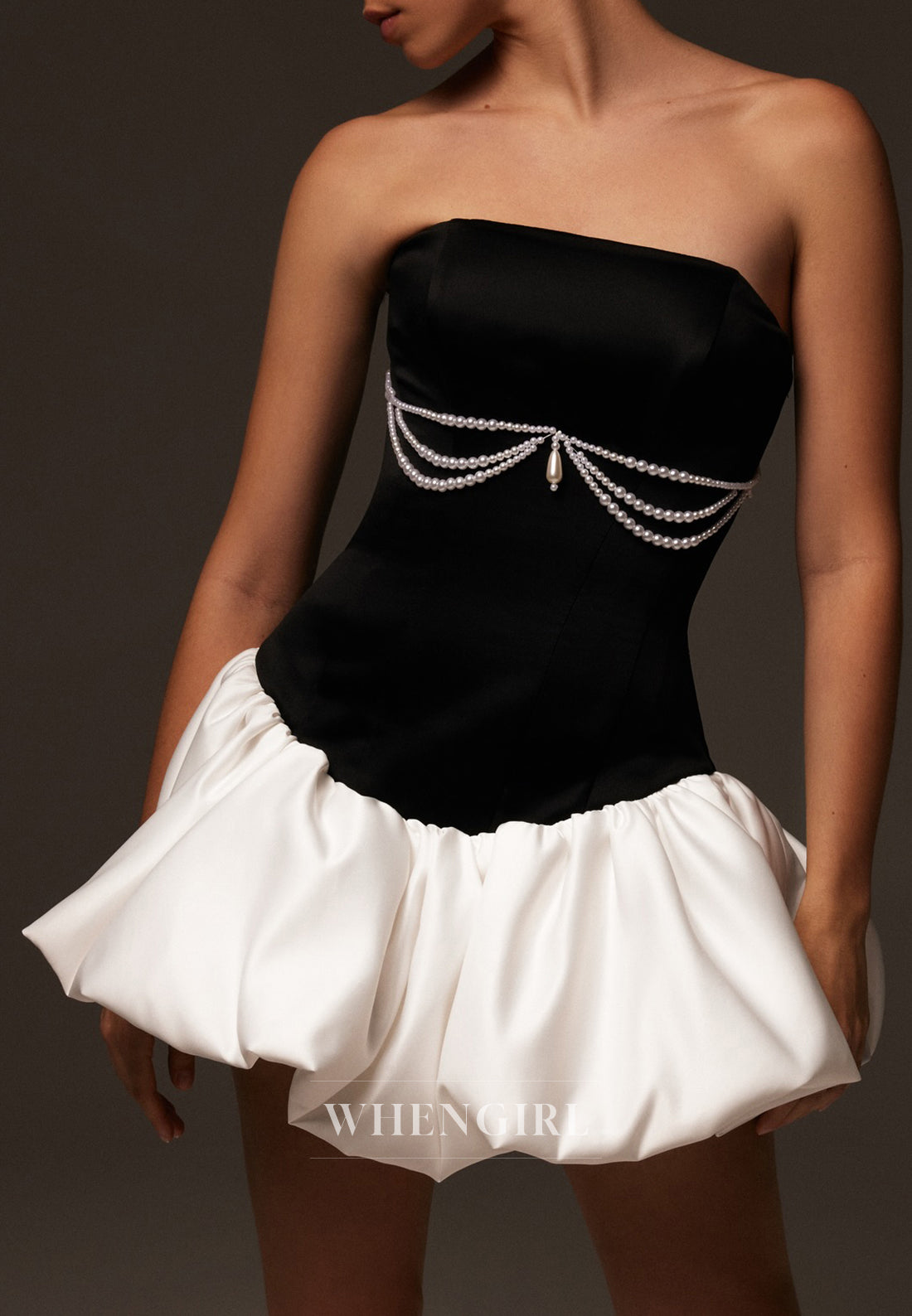 Black and Pink Tube Top Tie Back Pearls A-Line Homecoming Dress
