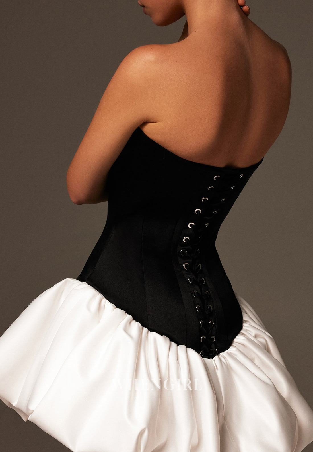 Black and Pink Tube Top Tie Back Pearls A-Line Homecoming Dress