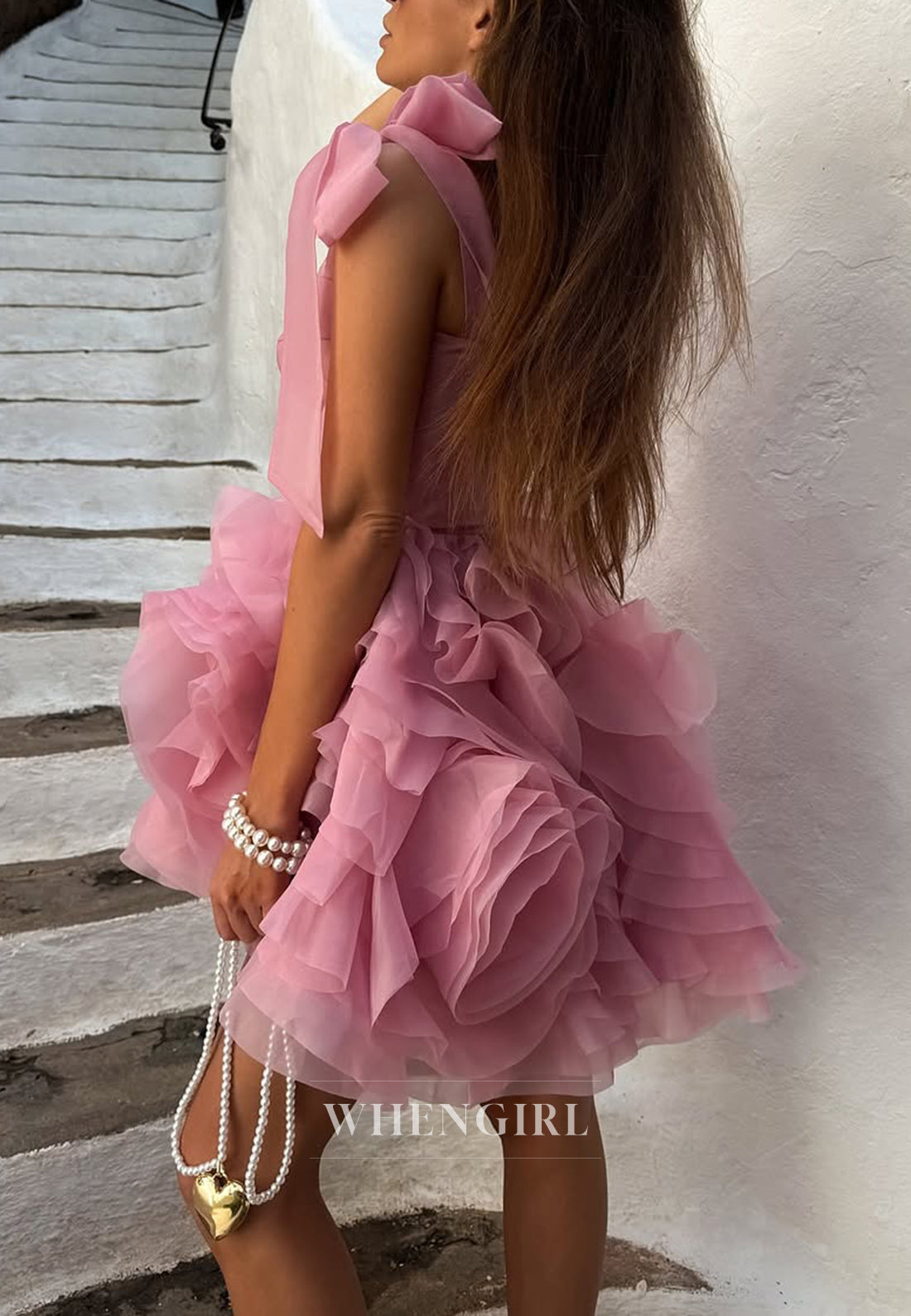 Pink A-Line Bowknot Tulle Sleeveless Short Homecoming Dress