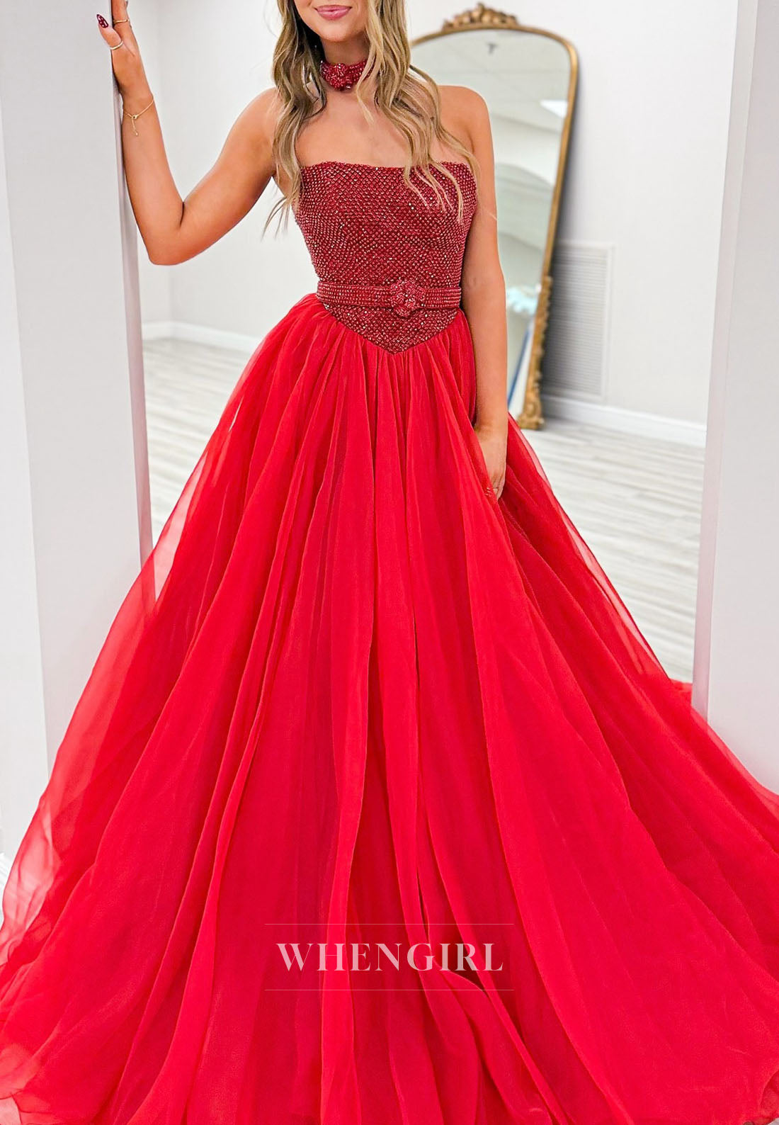 Red Beaded Tube Top Sleeveless A-Line Prom Dress with Necklaces