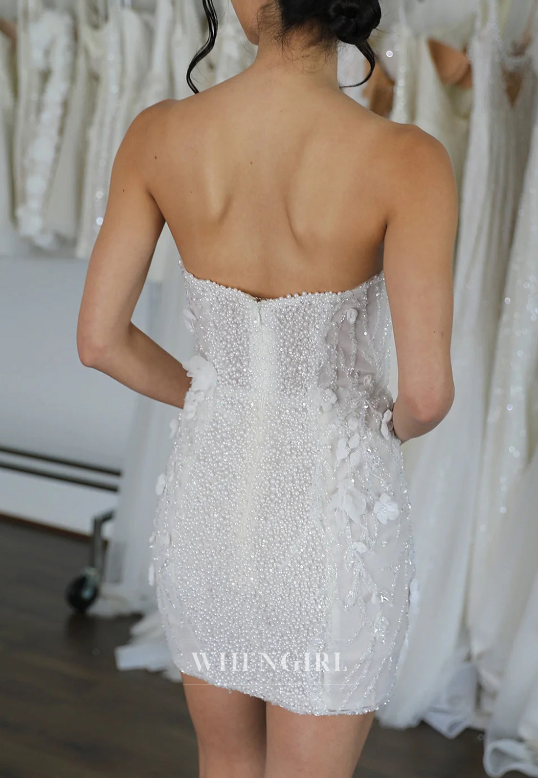 Strapless Pearls Beading Floral Back Zipper Sheath Short Wedding Dress with Removable Sleeves and Train