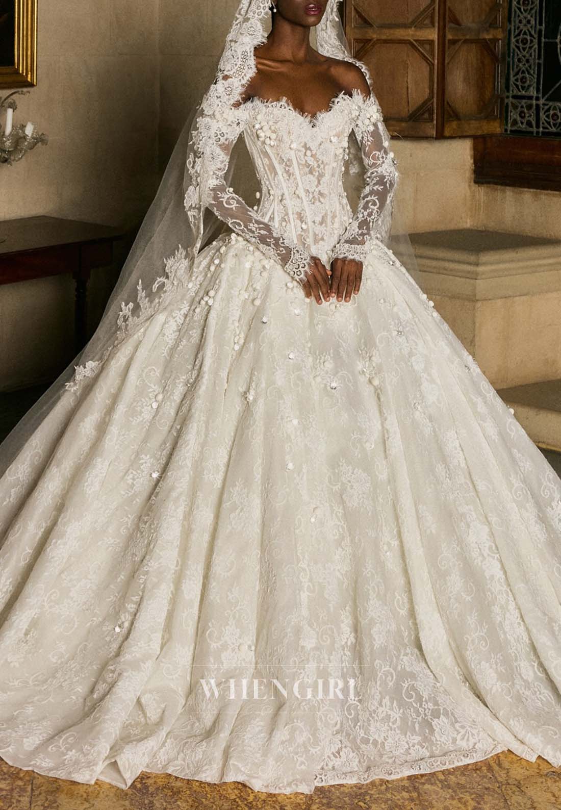 Gorgeous Sweetheart Long Sleeves Appliqued Lace Court Train Wedding Dress