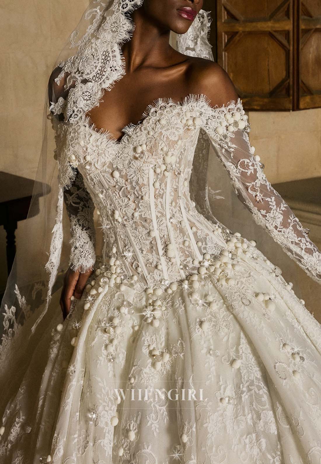Gorgeous Sweetheart Long Sleeves Appliqued Lace Court Train Wedding Dress