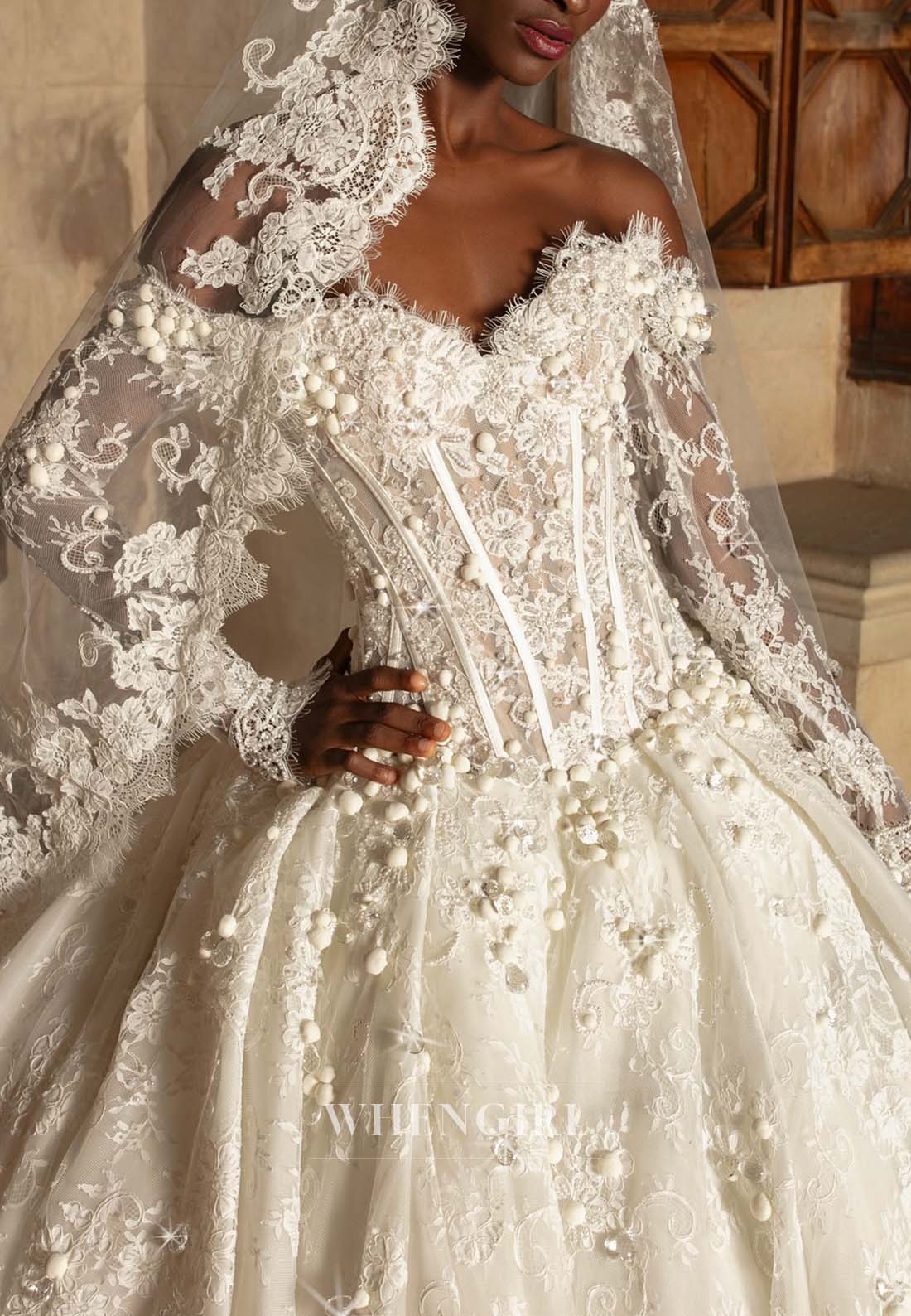 Gorgeous Sweetheart Long Sleeves Appliqued Lace Court Train Wedding Dress