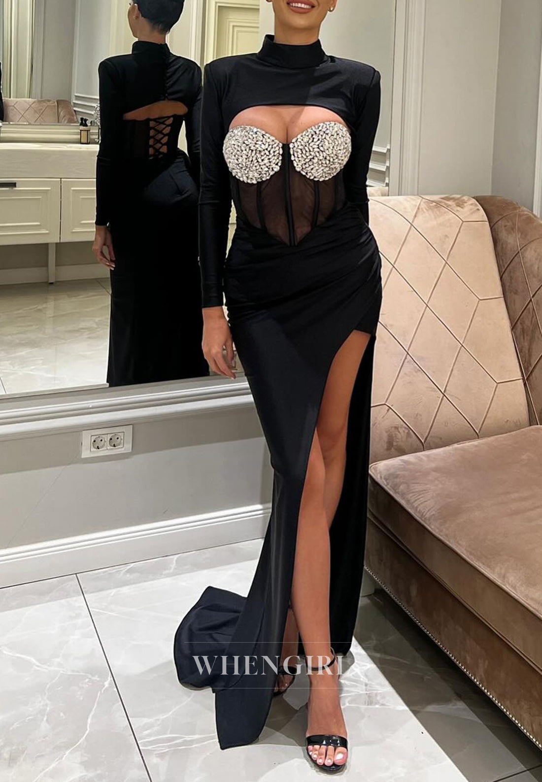 Black High Neck Long Sleeves Formal Dress Beaded Side Slit Sweep Train Sheath Evening Gown