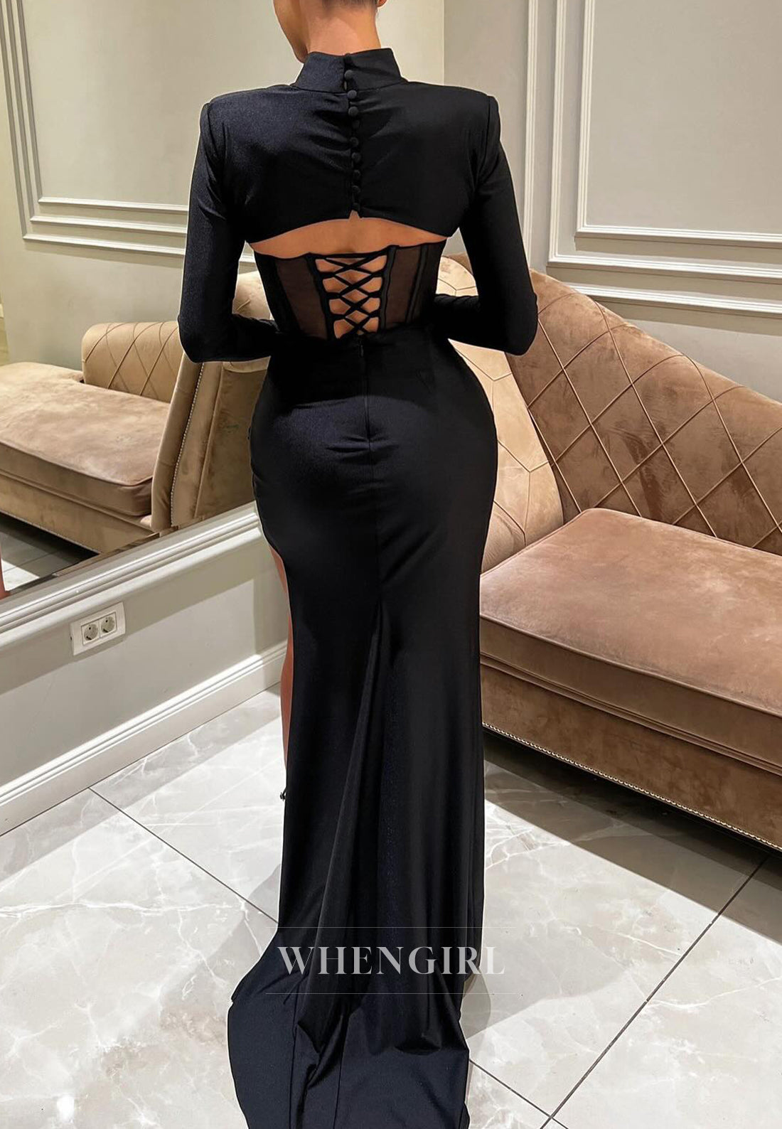 Black High Neck Long Sleeves Formal Dress Beaded Side Slit Sweep Train Sheath Evening Gown