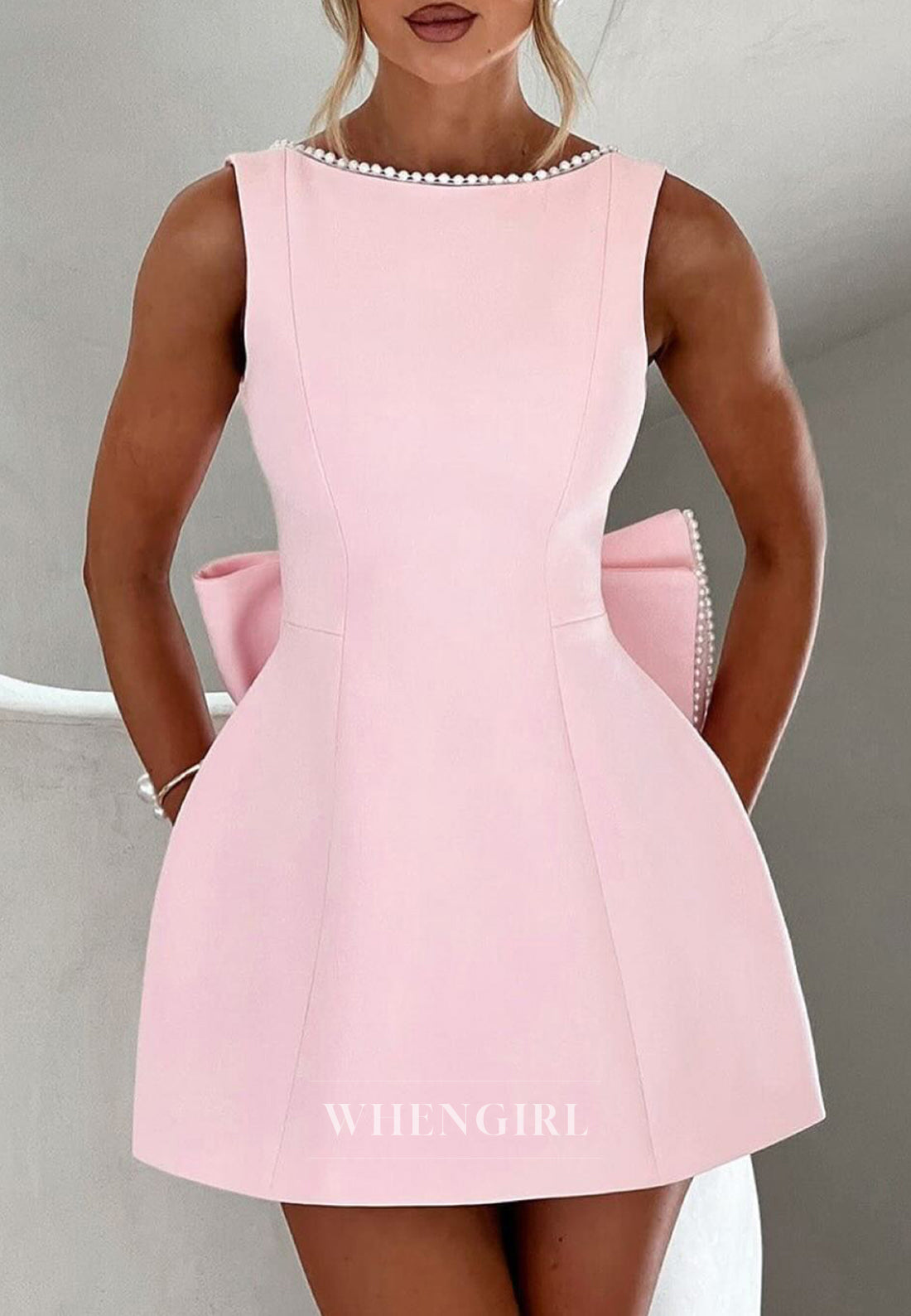 A-Line Sleeveless Bateau Neck Pearls Bowknot Low Back Homecoming Dress