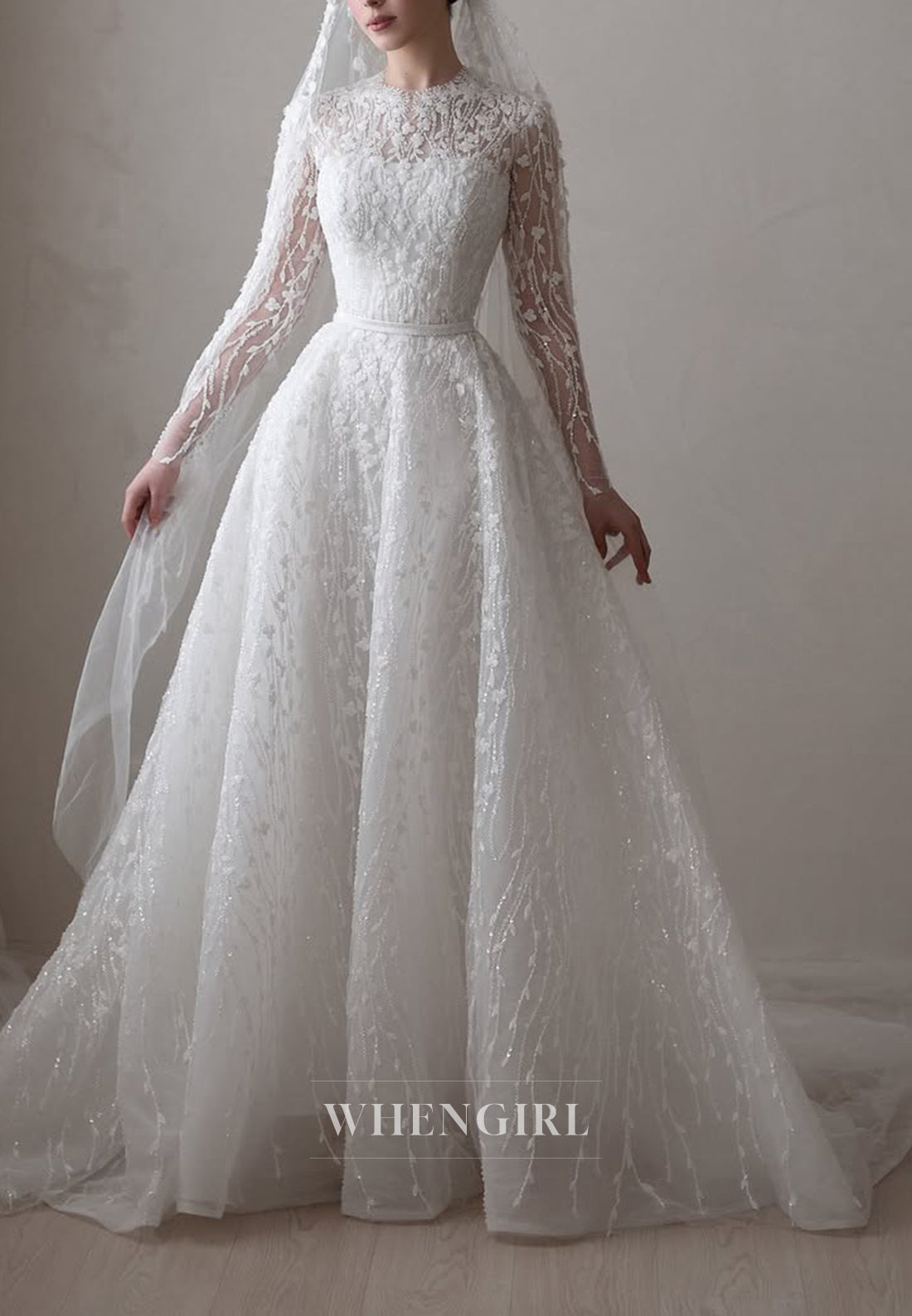 A-Line Beaded Floral Long Sleeves Bateau Neck Court Train Wedding Dress