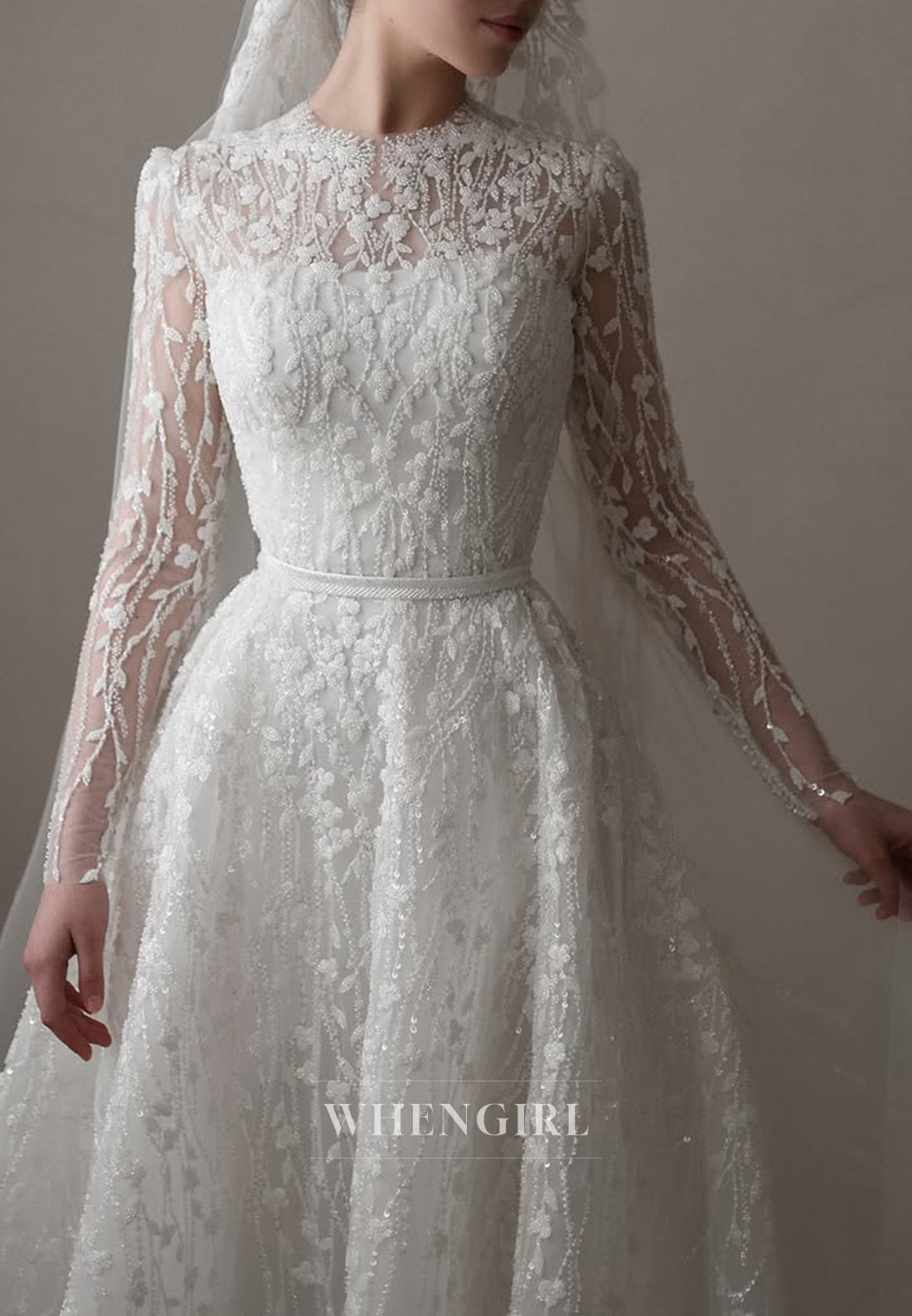 A-Line Beaded Floral Long Sleeves Bateau Neck Court Train Wedding Dress