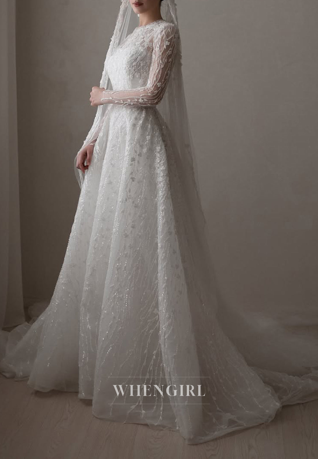 A-Line Beaded Floral Long Sleeves Bateau Neck Court Train Wedding Dress