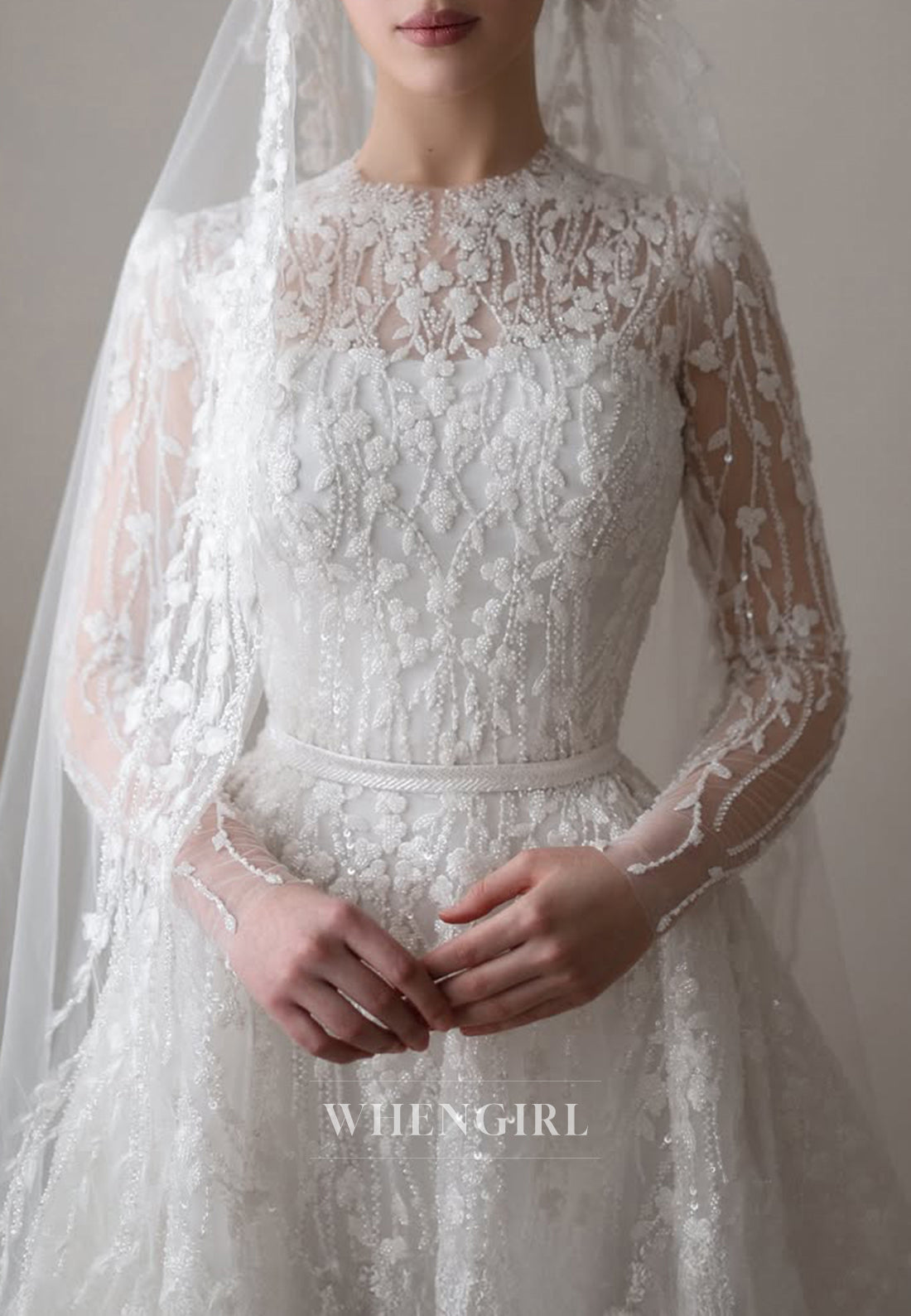 A-Line Beaded Floral Long Sleeves Bateau Neck Court Train Wedding Dress