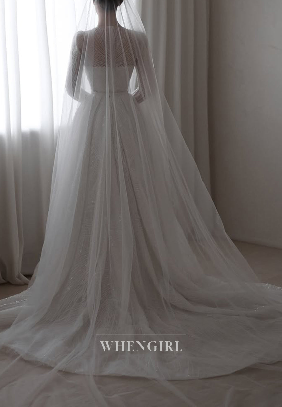 Sheath Bateau Neck Long Sleeves Full Beaded Detachable Train Wedding Dress