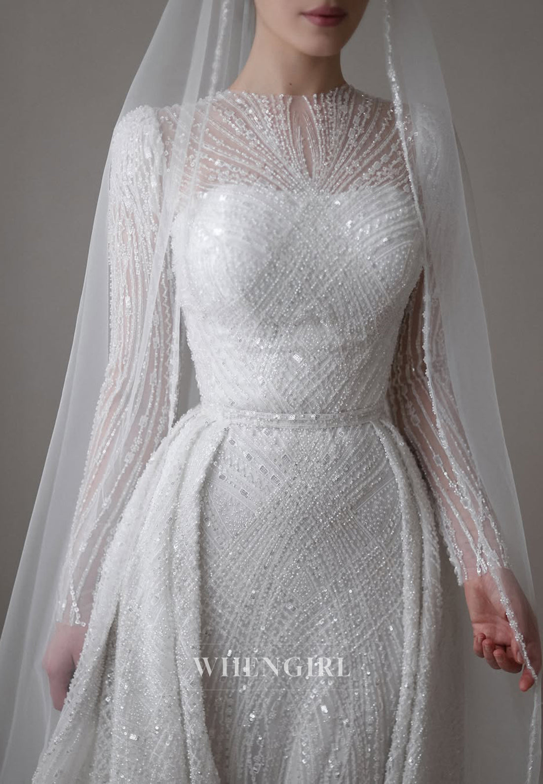 Sheath Bateau Neck Long Sleeves Full Beaded Detachable Train Wedding Dress