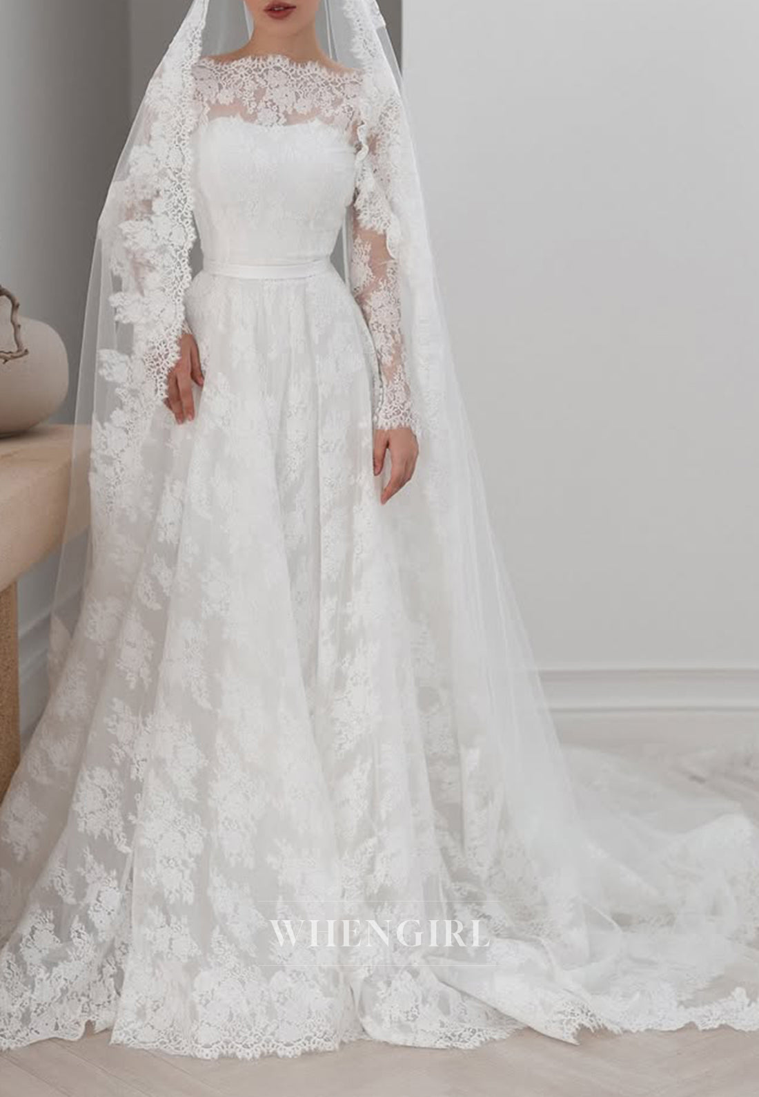 A-Line Bateau Neck Long Sleeves Appliqued Lace Wedding Dress with Court Train