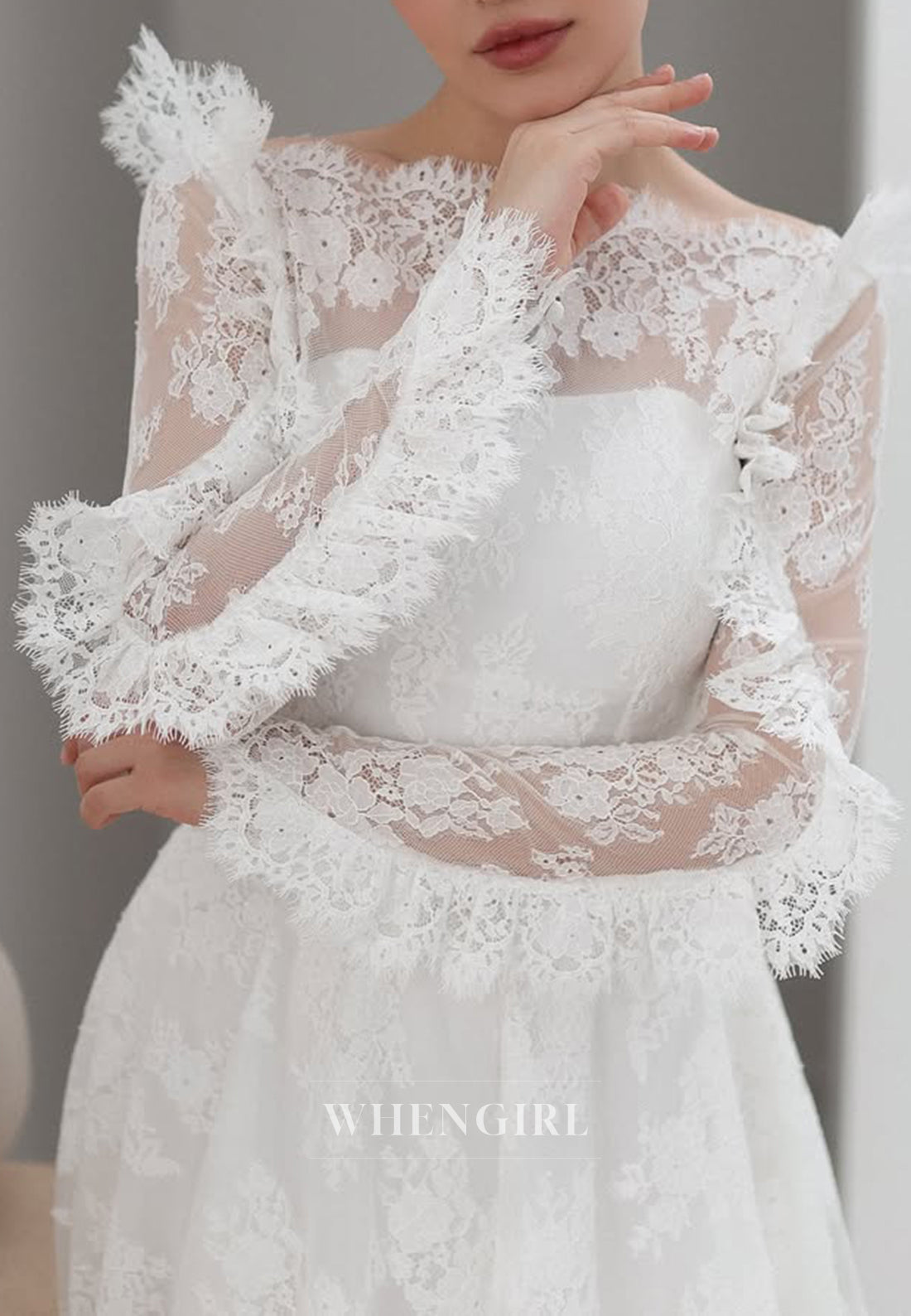 A-Line Bateau Neck Long Sleeves Appliqued Lace Wedding Dress with Court Train