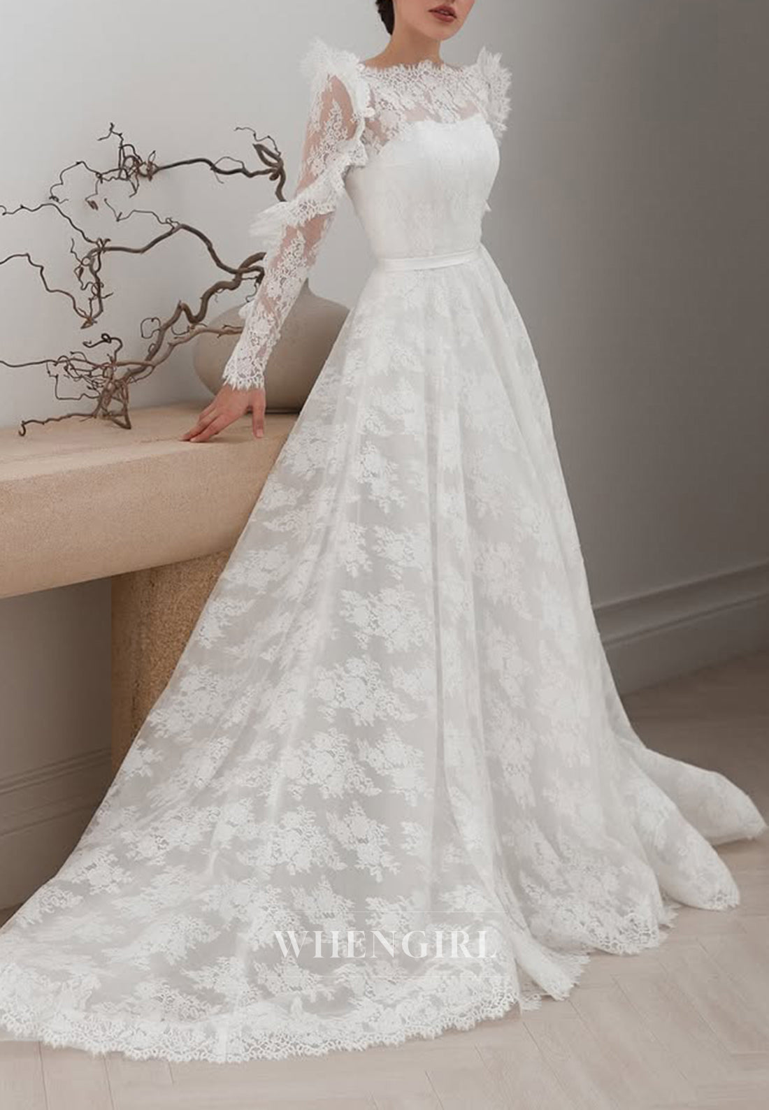 A-Line Bateau Neck Long Sleeves Appliqued Lace Wedding Dress with Court Train