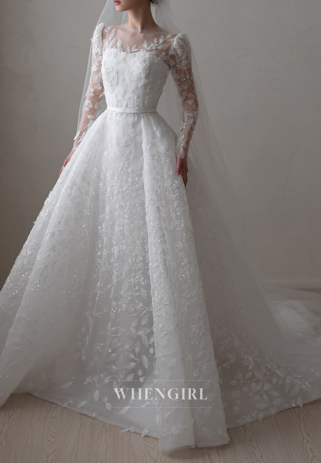 A-Line Appliqued Lace Long Sleeves Illusion Neck Court Train Beaded Wedding Dress