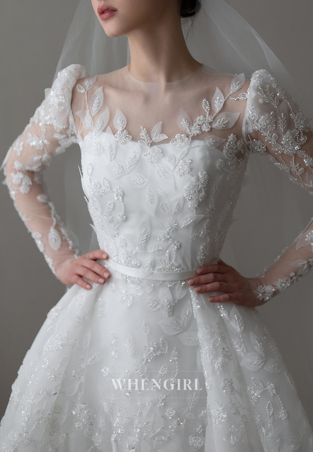A-Line Appliqued Lace Long Sleeves Illusion Neck Court Train Beaded Wedding Dress