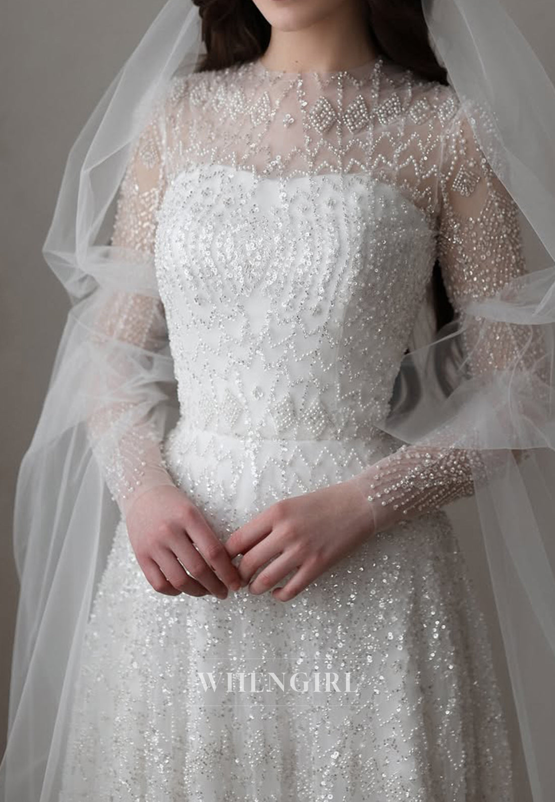 A-Line Bateau Neck Long Sleeves Court Train Wedding Dress