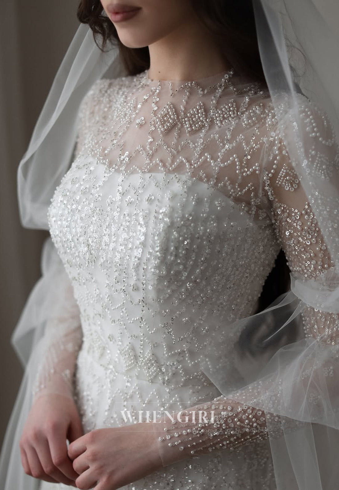A-Line Bateau Neck Long Sleeves Court Train Wedding Dress