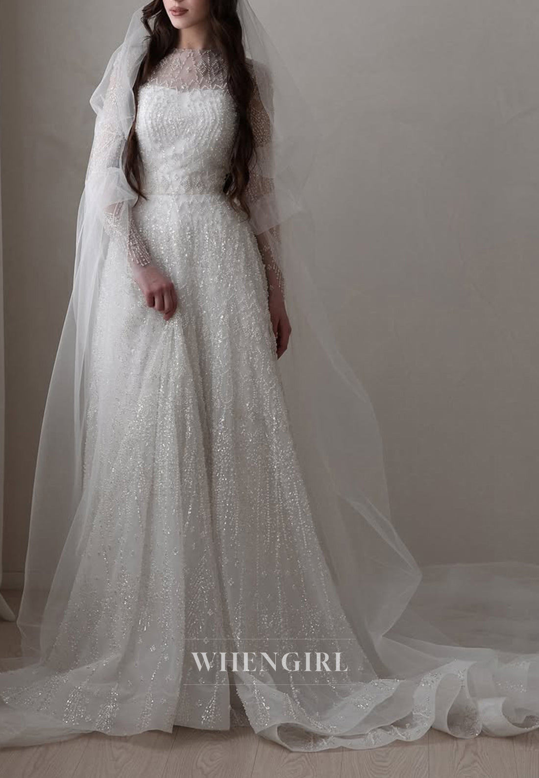 A-Line Bateau Neck Long Sleeves Court Train Wedding Dress